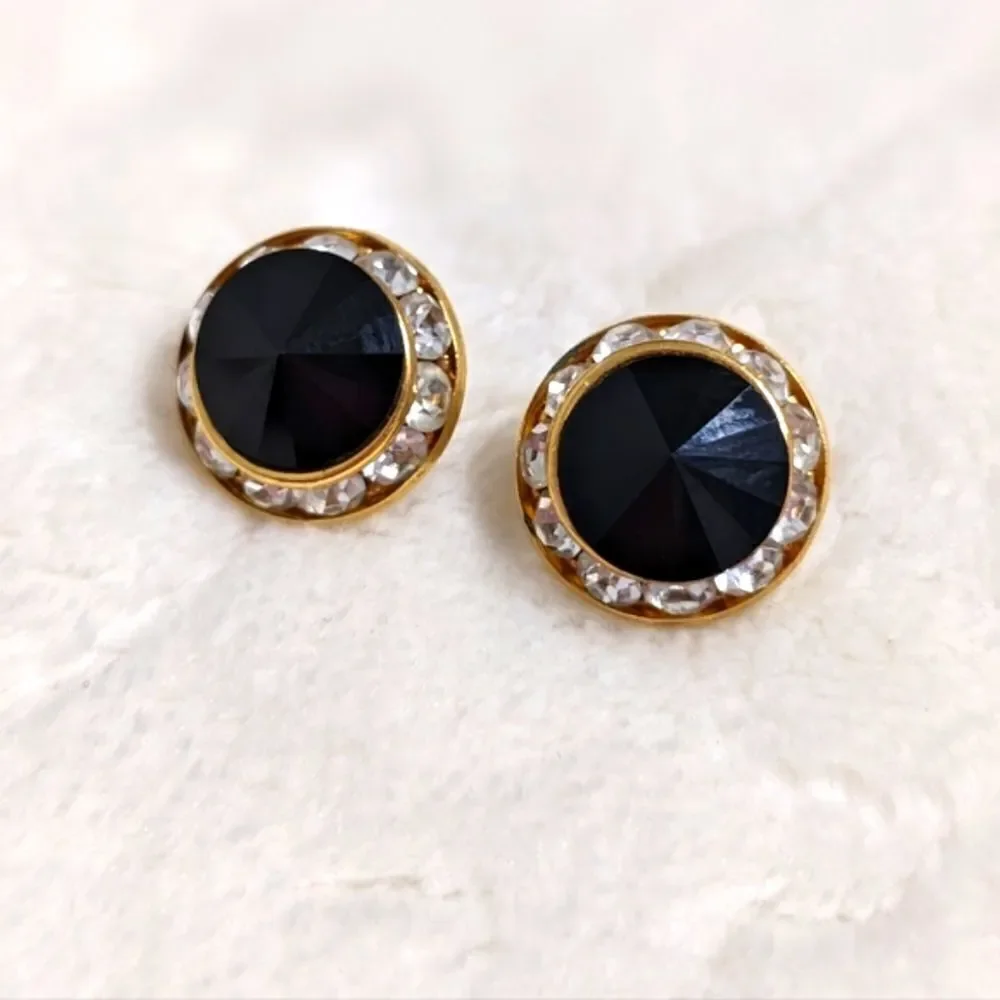 Vintage Eisenberg Ice Black & Clear Halo Crystal Button Pierced Earrings - Picture 6 of 10